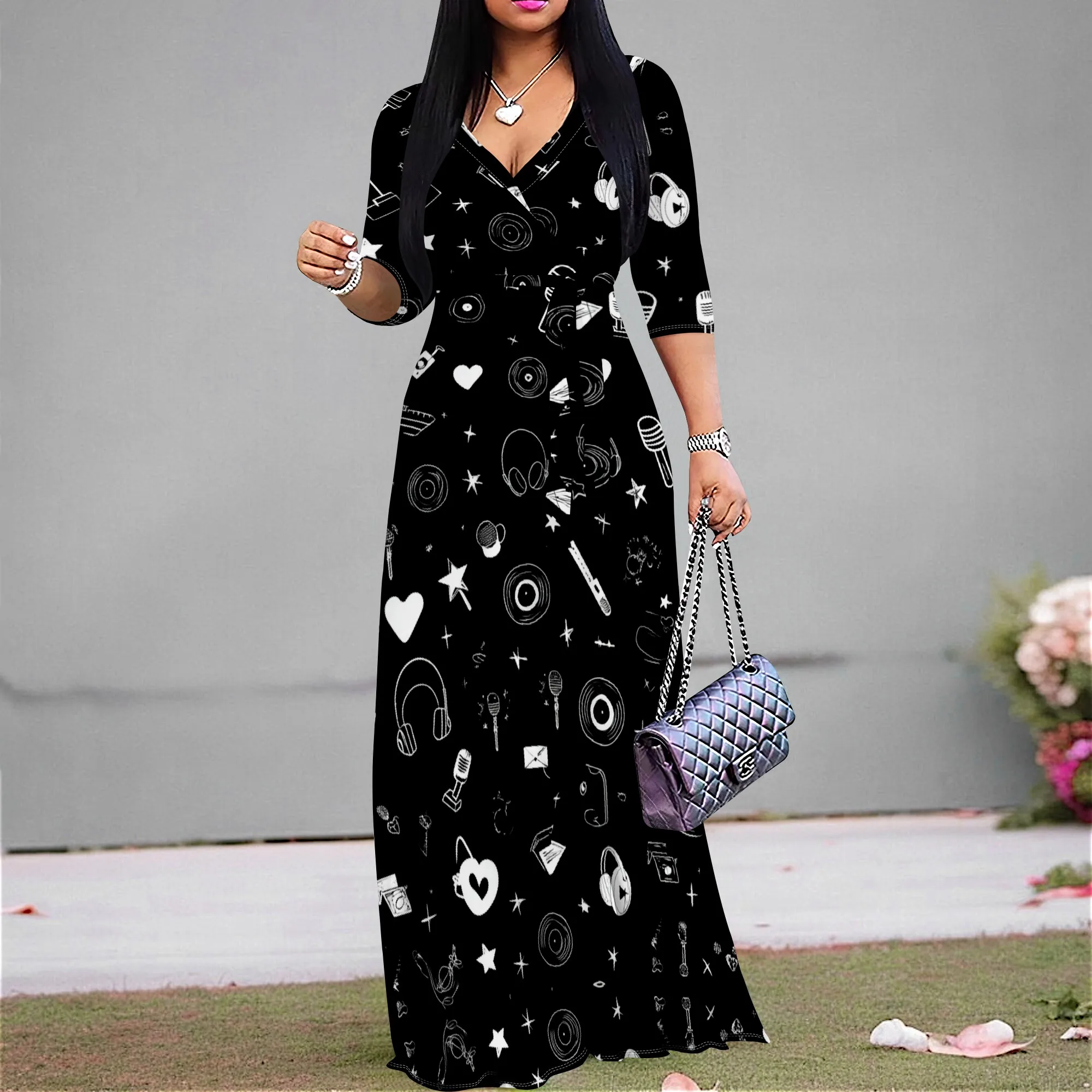 Black Music Print Maxi Dress S-3XL V-Neck Wrap Belted 3/4 Sleeve for Music Festival, Night Out or Party Look
Black Music Print Maxi Dress S-3XL V-Neck Wrap Belted 3/4 Sleeve for Music Festival, Night Out or Party Look