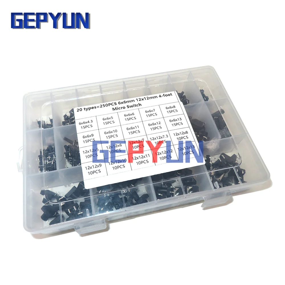 250PCS 20 types 6x6mm /12x12mm 4-foot Micro Switch key switch light touch switch button switch Self-reset DIP Switches
250PCS 20 types 6x6mm /12x12mm 4-foot Micro Switch key switch light touch switch button switch Self-reset DIP Switches