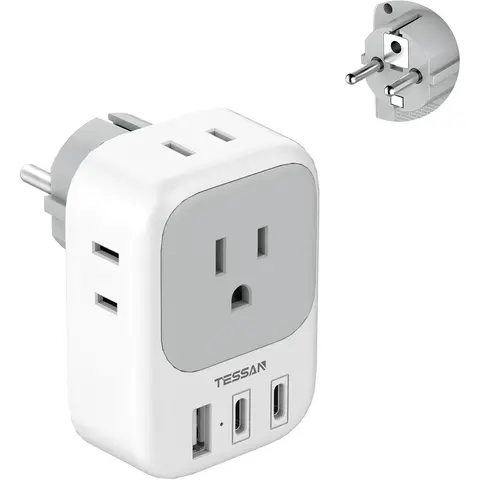 Adattatore da viaggio TESSAN da US a UE con 4 prese CA 3 porte USB Adattatore da presa E/F tipo 7 in 1 per presa a muro Spagna Francese Russia