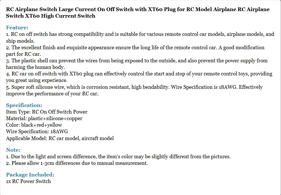 RC Airplane Switch Large Current On Off Switch with XT60 Plug for RC Model Airplane RC Airplane Switch