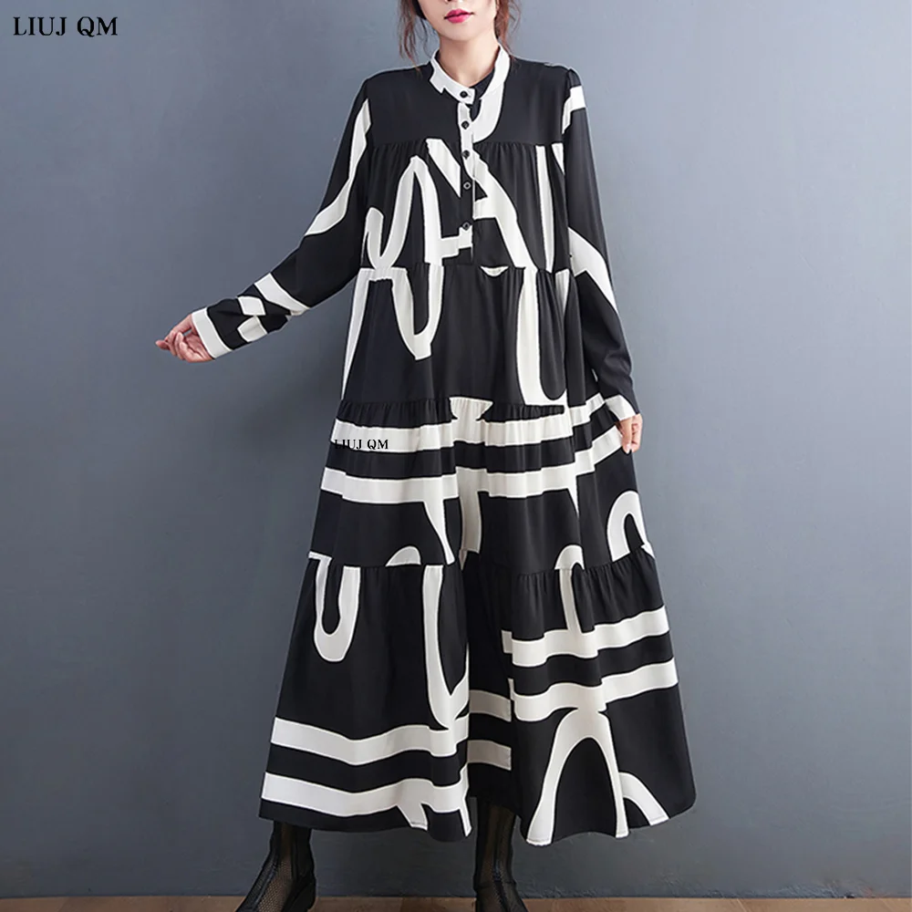 Plus Size Black Striped Print Long Dress Women Fashion Long Sleeve Loose Casual Vintage Shirt Dress Elegant Clothes Spring Autum
Plus Size Black Striped Print Long Dress Women Fashion Long Sleeve Loose Casual Vintage Shirt Dress Elegant Clothes Spring Autum