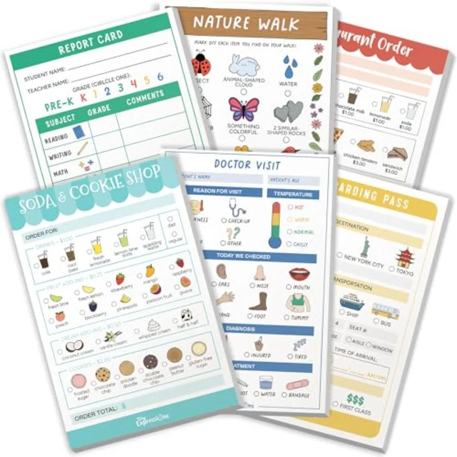 Pretend Play Notepads - Play Pads - 40 Pages Each of Restaurant, Doctor,,Report Card, Nature Walk and for Imaginative Role Play
Pretend Play Notepads - Play Pads - 40 Pages Each of Restaurant, Doctor,,Report Card, Nature Walk and for Imaginative Role Play
