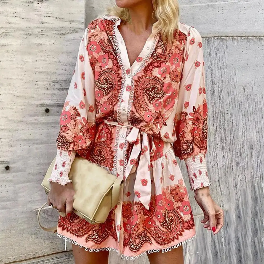 Loose Fit Dress Loose Fit Printed Dress Colorful Floral Print V Neck Mini Dress with Lace-up Detail A-line Silhouette for Women
Loose Fit Dress Loose Fit Printed Dress Colorful Floral Print V Neck Mini Dress with Lace-up Detail A-line Silhouette for Women