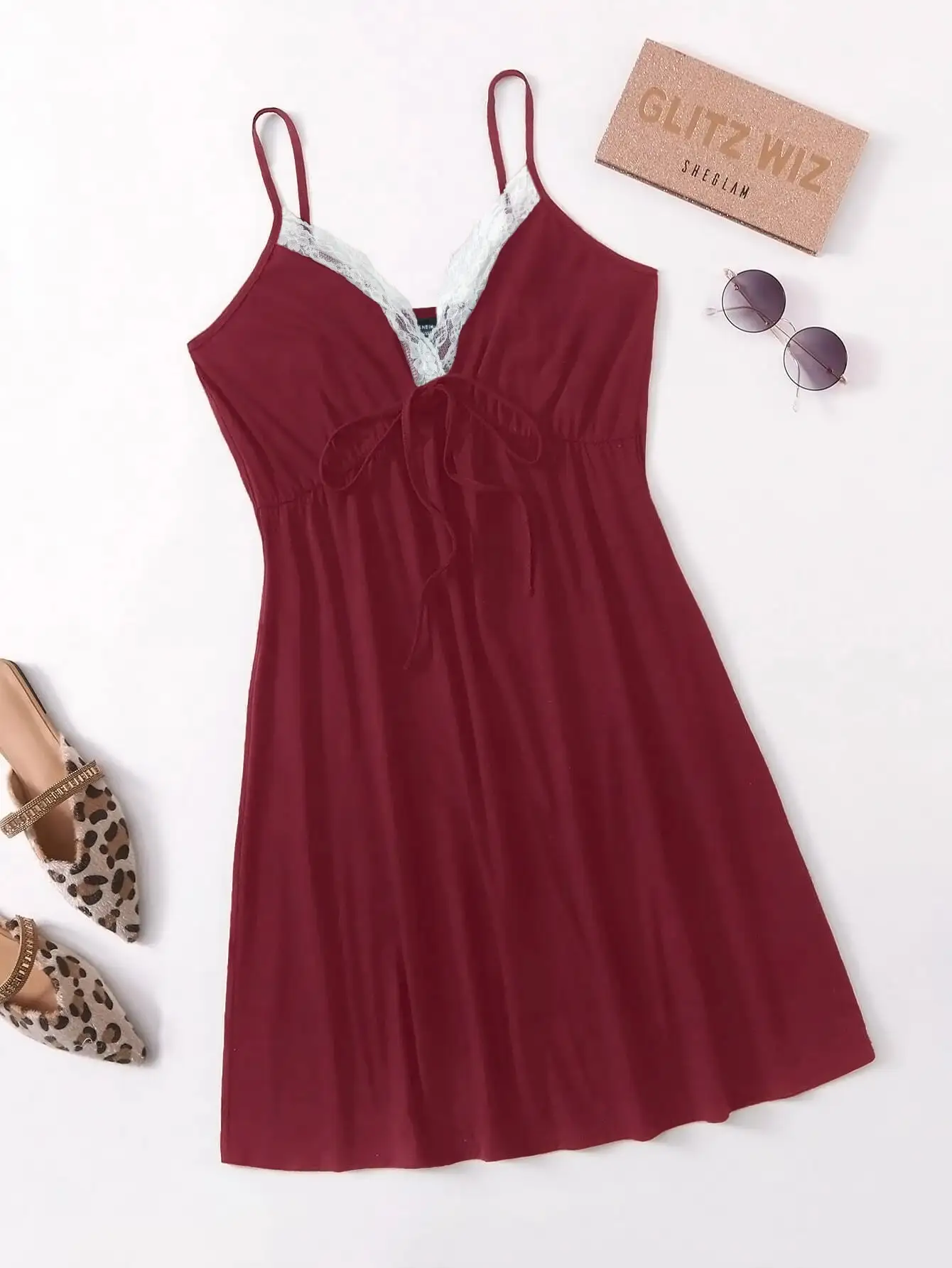 Women's Plus Size Lace Trim Slip Dress, V-Neck Drawstring Waist Nightgown, Soft Sleeveless Burgundy Chemise For Ladies
Women's Plus Size Lace Trim Slip Dress, V-Neck Drawstring Waist Nightgown, Soft Sleeveless Burgundy Chemise For Ladies