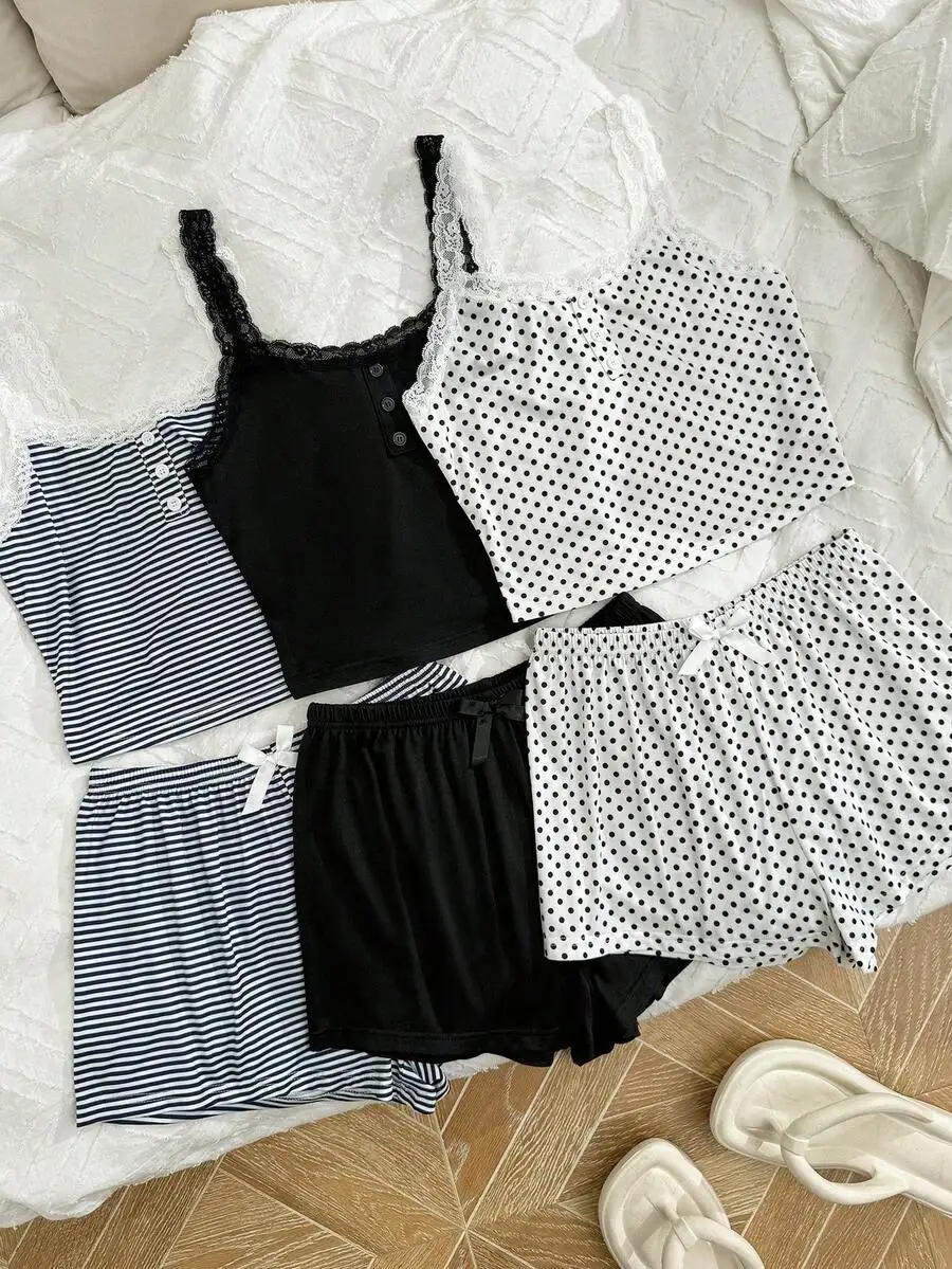 6-Piece Womens Loungewear Set: Striped Polka Dot Solid Cami And Shorts Sleepwear
6-Piece Womens Loungewear Set: Striped Polka Dot Solid Cami And Shorts Sleepwear