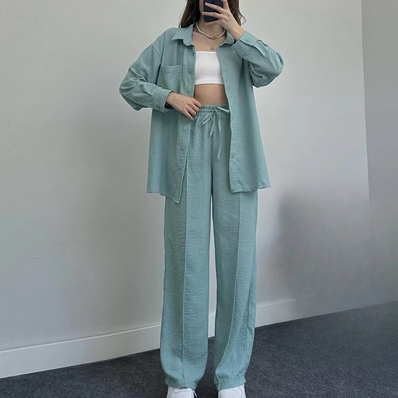 Fashion Lapel Button Shirt & Tie Long Pant Set Women Casual Long Sleeve Solid Loose 2Pc Suit Elegant Drawstring Straight Outfits
Fashion Lapel Button Shirt & Tie Long Pant Set Women Casual Long Sleeve Solid Loose 2Pc Suit Elegant Drawstring Straight Outfits