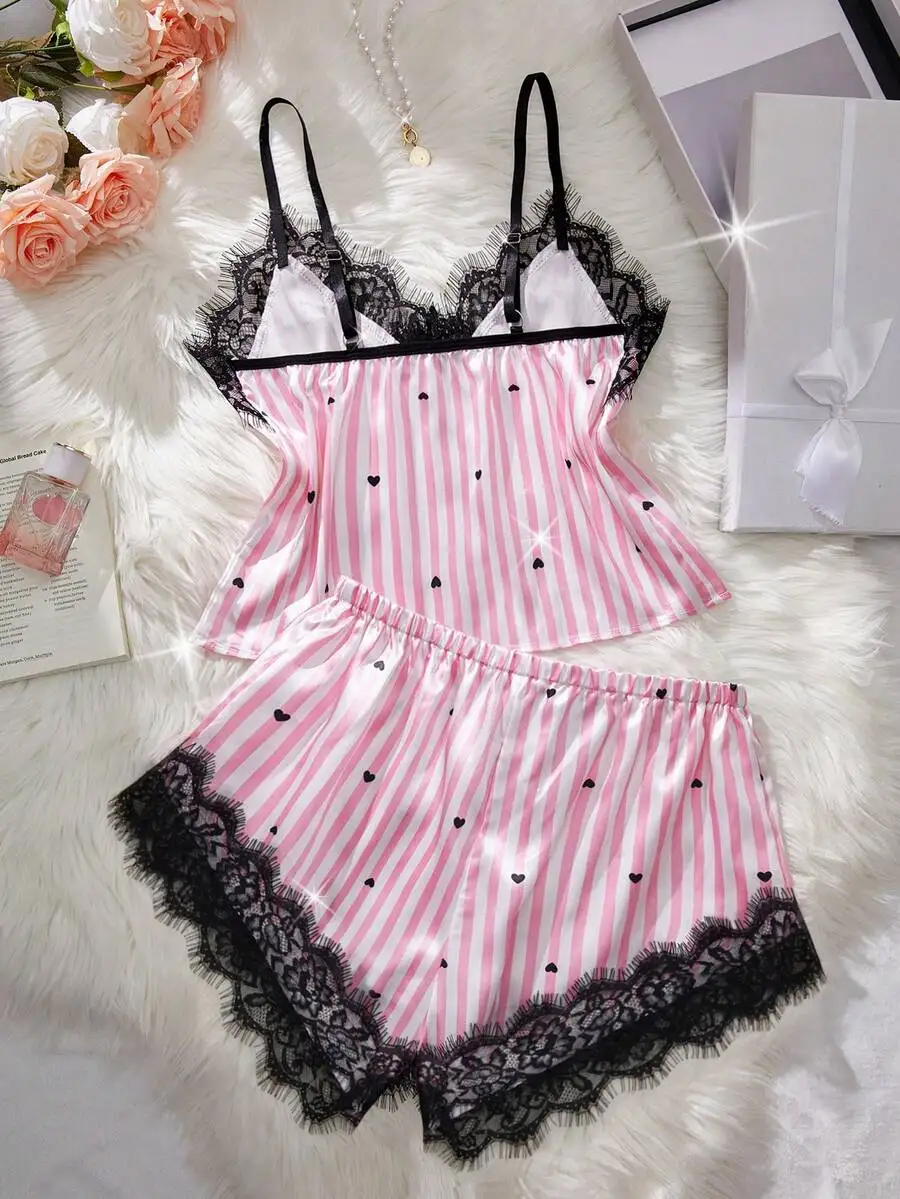 Pink And White Striped Satin Two-Piece Lingerie Set With Black Heart Print, V-Neck Camisole Featuring Eyelash Lace Trim And
Pink And White Striped Satin Two-Piece Lingerie Set With Black Heart Print, V-Neck Camisole Featuring Eyelash Lace Trim And