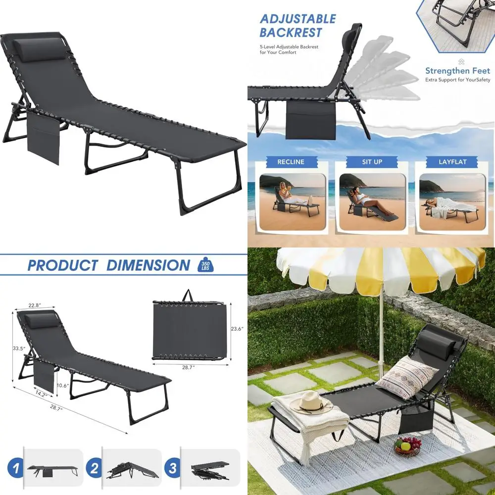 Adjustable 5-Position Folding Chaise Lounge Chair for Outdoor Tanning, Poolside, and Beach Relaxation with Side Pocket
Adjustable 5-Position Folding Chaise Lounge Chair for Outdoor Tanning, Poolside, and Beach Relaxation with Side Pocket