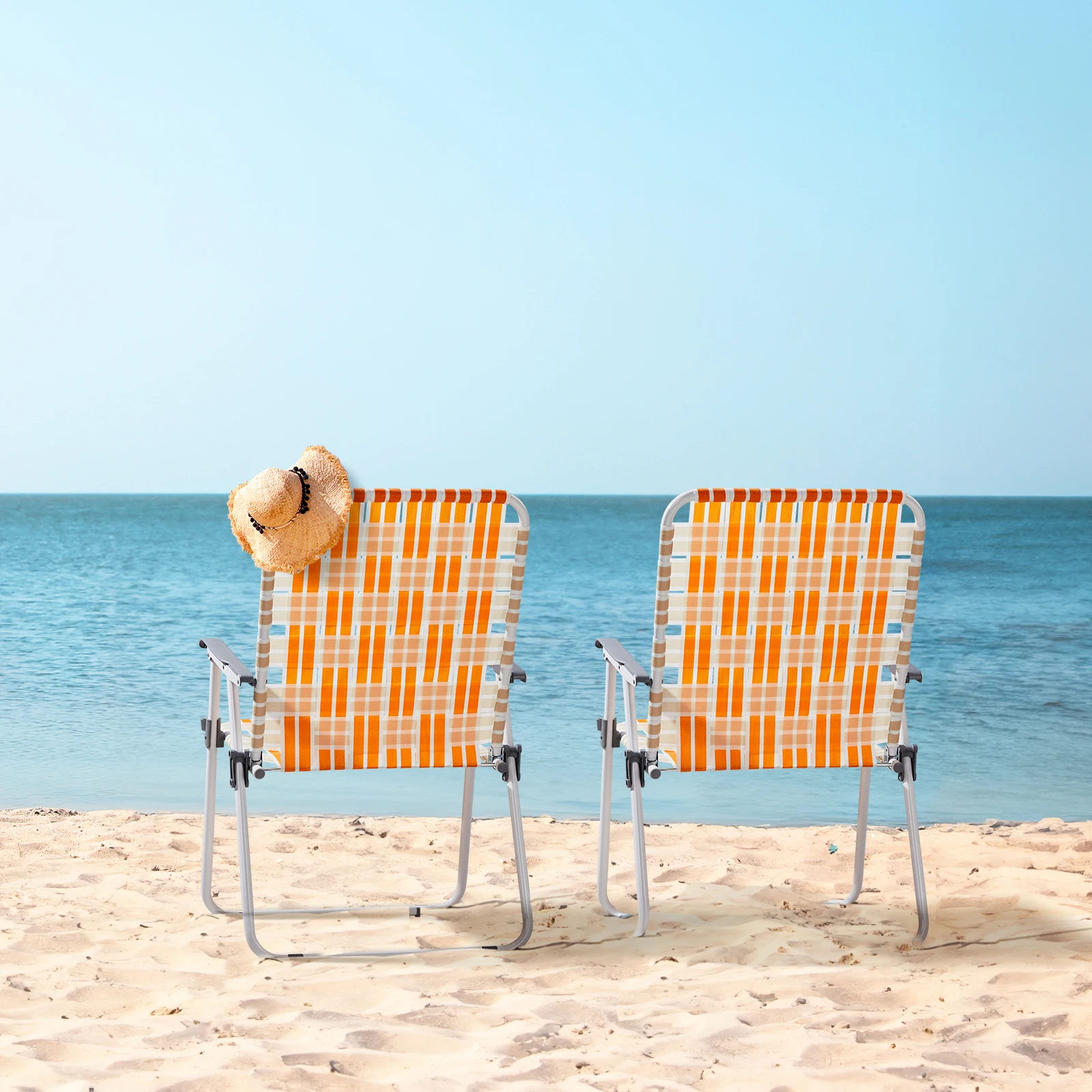 2Pcs seat Height 17 "Width 21" Depth 18 "Orange and white, iron beach chair PP webbing 120kg
2Pcs seat Height 17 "Width 21" Depth 18 "Orange and white, iron beach chair PP webbing 120kg