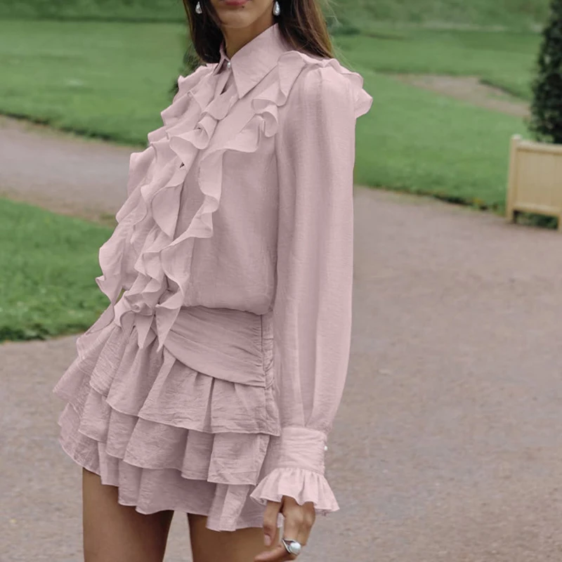2026 Casual Long Sleeve Pink Mini Dresses Elegant French Lapel Button A-Line Dress Women Fashion Ruffle Tiered Solid Shirt Dress
2026 Casual Long Sleeve Pink Mini Dresses Elegant French Lapel Button A-Line Dress Women Fashion Ruffle Tiered Solid Shirt Dress