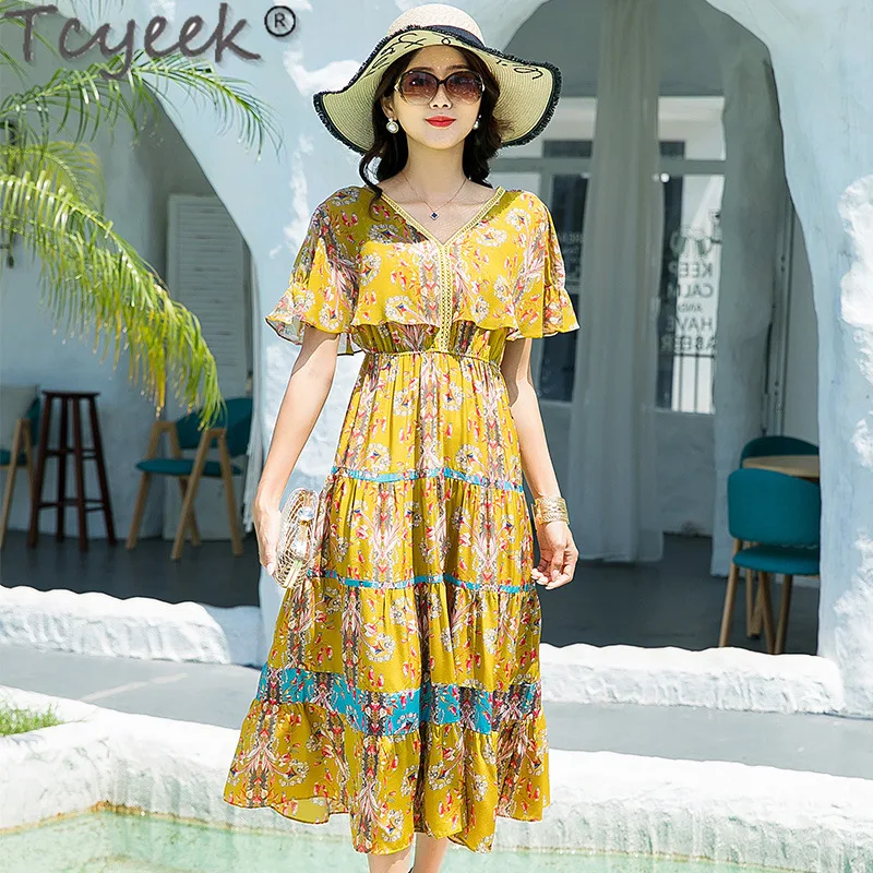 Tcyeek 100% Real Mulberry Silk Summer Dress Womens Clothing Beach Dress 2024 Elegant Women's Dresses Printing Vestidos De Mujer
Tcyeek 100% Real Mulberry Silk Summer Dress Womens Clothing Beach Dress 2024 Elegant Women's Dresses Printing Vestidos De Mujer