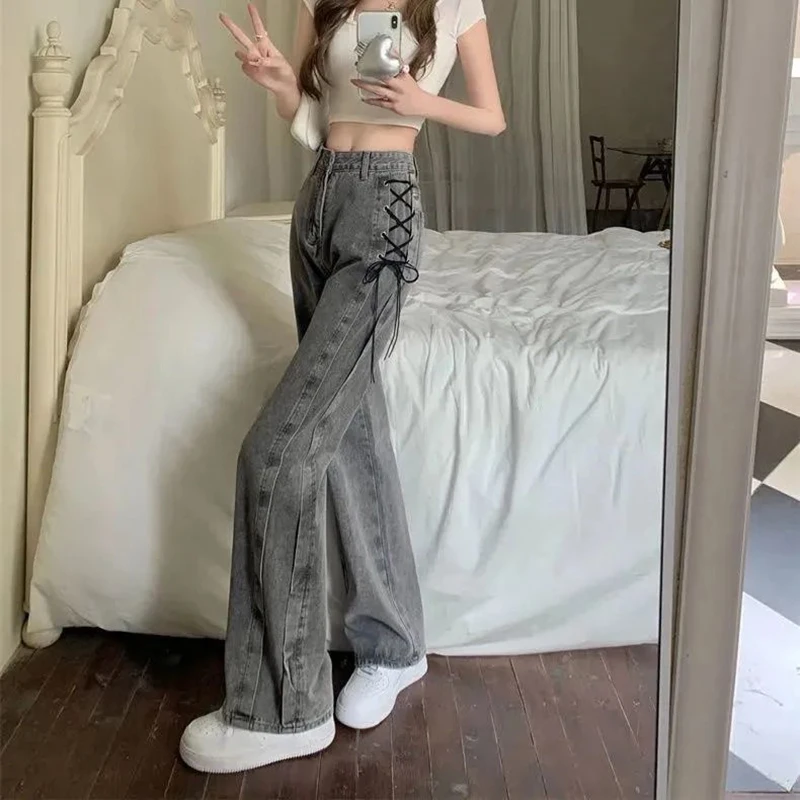 Jeans Gray Lace Up Design Women Vintage High Waist Denim Pants Straight Streetwear Female Y2K Harajuku Loose Wide Leg Trousers
Jeans Gray Lace Up Design Women Vintage High Waist Denim Pants Straight Streetwear Female Y2K Harajuku Loose Wide Leg Trousers