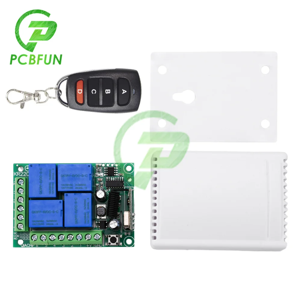 433MHZ 4-Way Relay Module AC90-220V Remote Control Receiver RF Wireless Switch with Remote Controller for Gate Garage Opener
433MHZ 4-Way Relay Module AC90-220V Remote Control Receiver RF Wireless Switch with Remote Controller for Gate Garage Opener