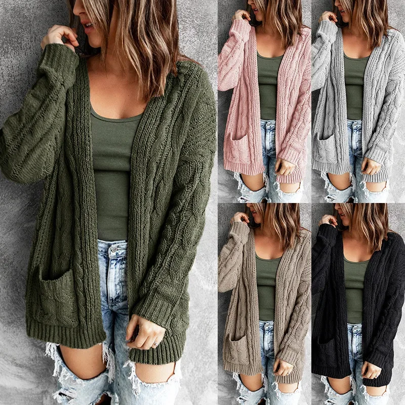 Solid color pocket in the long twist knitted cardigan coat autumn and winter new European and American pocket sweater woman
Solid color pocket in the long twist knitted cardigan coat autumn and winter new European and American pocket sweater woman