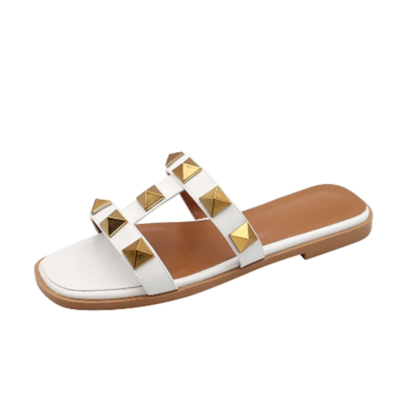 Women Soft Leather Stud Flat Shoes Open Toe Summer Black White Brown Slippers Seam Retro Leisure Slides EU34-43 Big Gold Rivets
Women Soft Leather Stud Flat Shoes Open Toe Summer Black White Brown Slippers Seam Retro Leisure Slides EU34-43 Big Gold Rivets