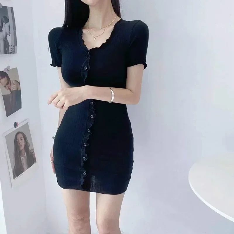 Short Sleeve Dress Women Slim V-neck Button Mini Solid Robe Summer High Waist Sexy Sweet Holiday Korean Style Chic Club Vestido
Short Sleeve Dress Women Slim V-neck Button Mini Solid Robe Summer High Waist Sexy Sweet Holiday Korean Style Chic Club Vestido