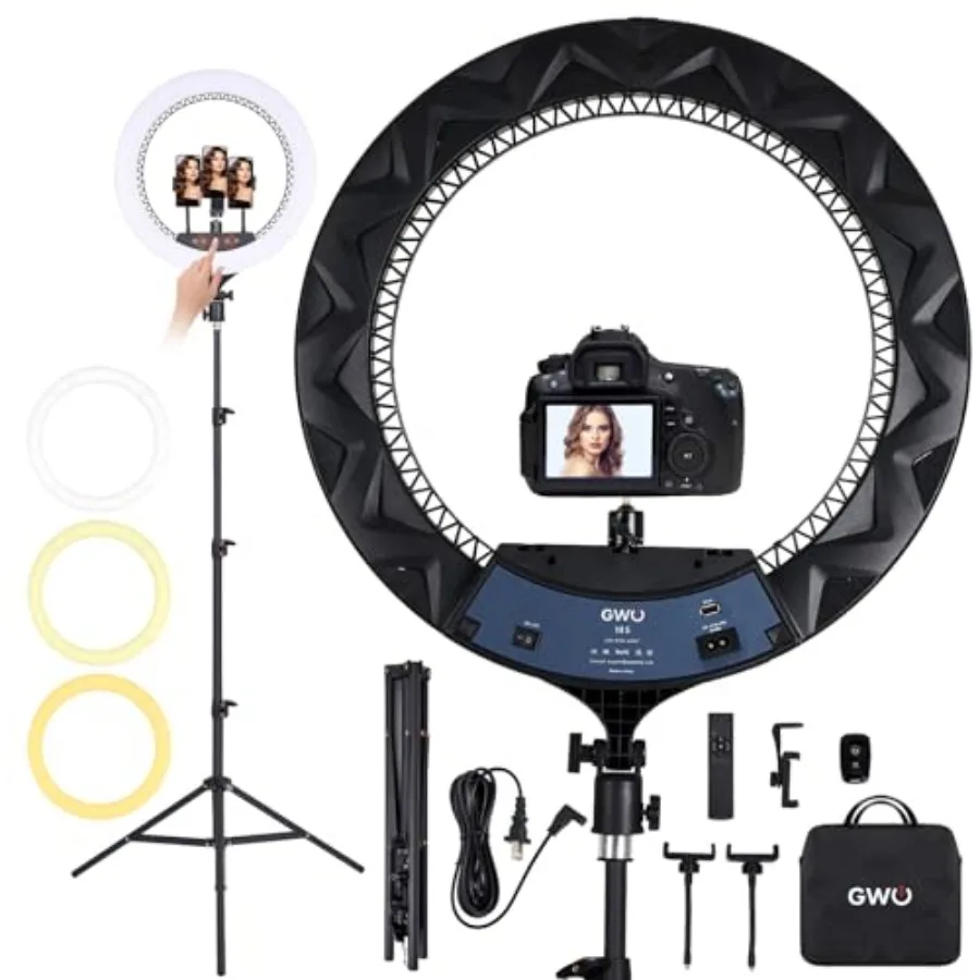 18 inch LED Ring Light with Adjustable Tripod Stand for Makeup Selfie and YouTube Vlog Video Shooting 6000K Dimmable Touch Pane
18 inch LED Ring Light with Adjustable Tripod Stand for Makeup Selfie and YouTube Vlog Video Shooting 6000K Dimmable Touch Pane