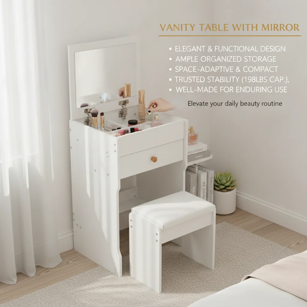 Compact Vanity, Table Flip Top Makeup Dressing Table with Stool & Drawer for Bedroom Apartment Dormitory
Compact Vanity, Table Flip Top Makeup Dressing Table with Stool & Drawer for Bedroom Apartment Dormitory