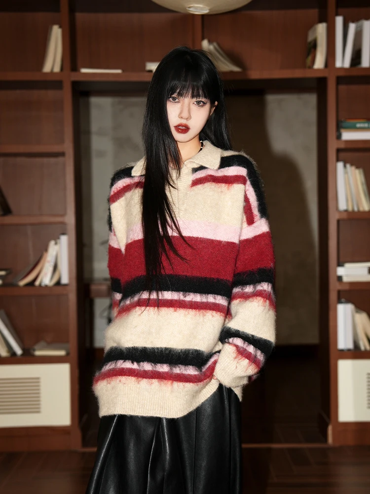 Casual Loose Women's Knitted Sweater with Collar Striped Design Comfortable Loose Fit Autumn Winter plus Size Top
Casual Loose Women's Knitted Sweater with Collar Striped Design Comfortable Loose Fit Autumn Winter plus Size Top
