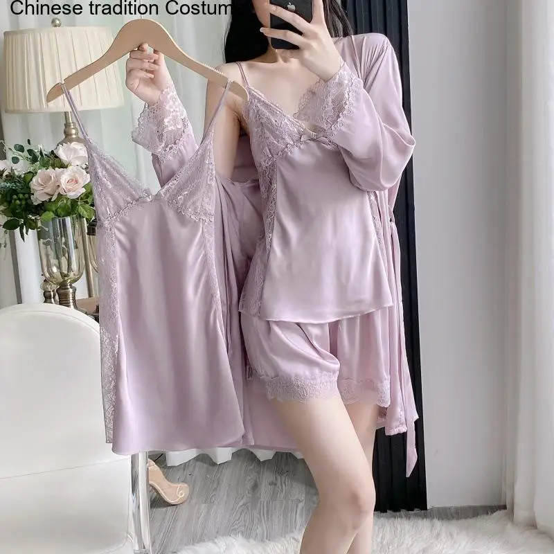 New Sleepwear 4Pcs Lace V-Neck Nightgown Sleepshirt Women Home Clothes Top Shorts Pants Underwear Comfortable Robe Lingerie
New Sleepwear 4Pcs Lace V-Neck Nightgown Sleepshirt Women Home Clothes Top Shorts Pants Underwear Comfortable Robe Lingerie