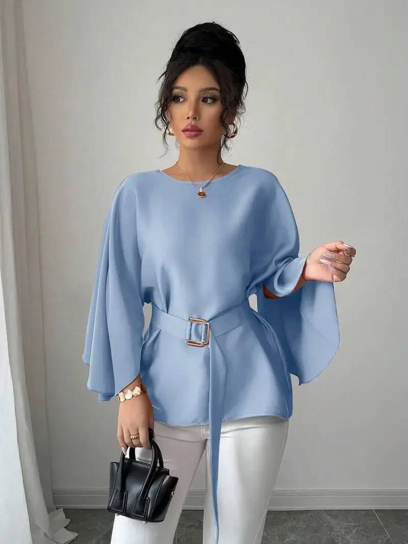 Elegant European and American style solid color shirt, flared mid sleeved women's clothing
Elegant European and American style solid color shirt, flared mid sleeved women's clothing