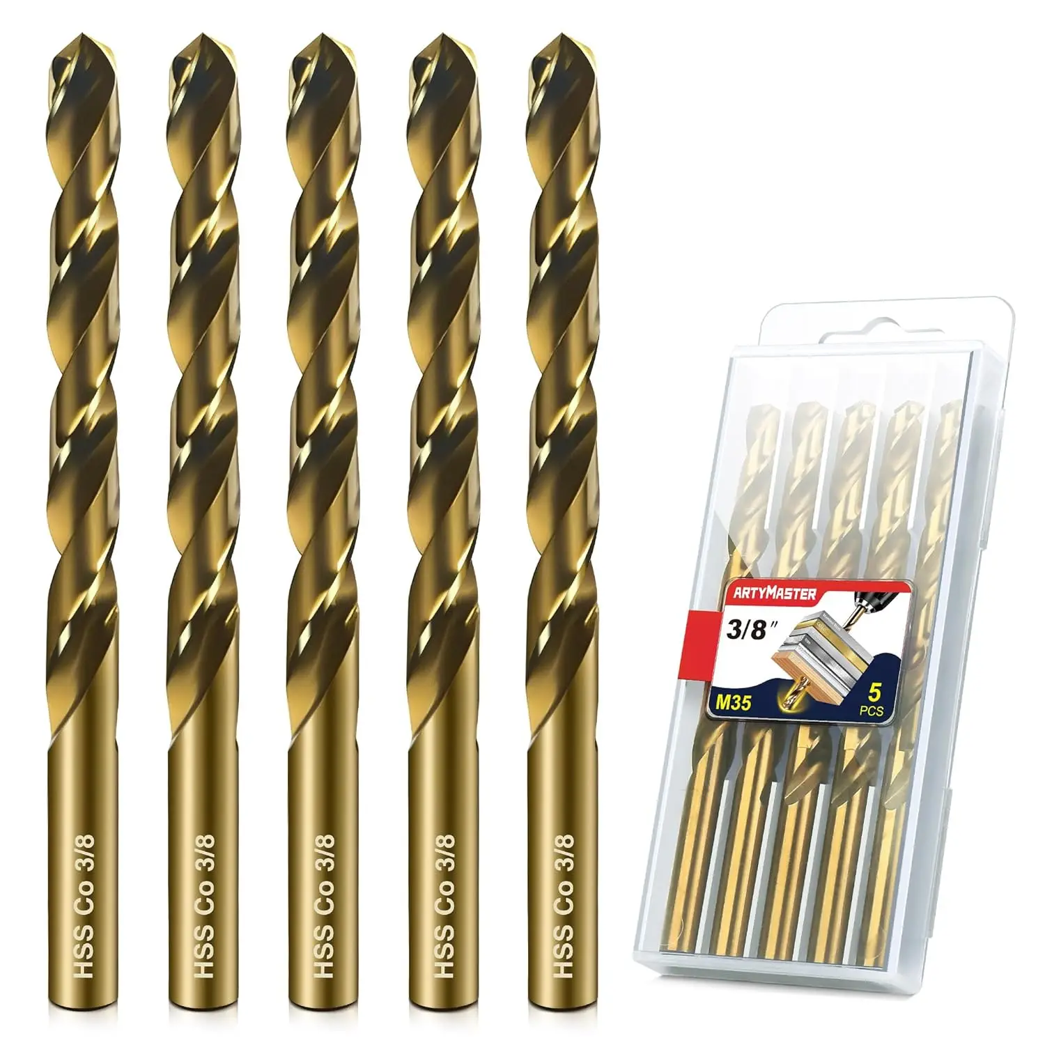 5-Piece M35 Cobalt Drill Bit Set, 3/8" Twist Bits for Stainless Steel, Hardened Steel, Cast Iron, Plastic & Wood
5-Piece M35 Cobalt Drill Bit Set, 3/8" Twist Bits for Stainless Steel, Hardened Steel, Cast Iron, Plastic & Wood