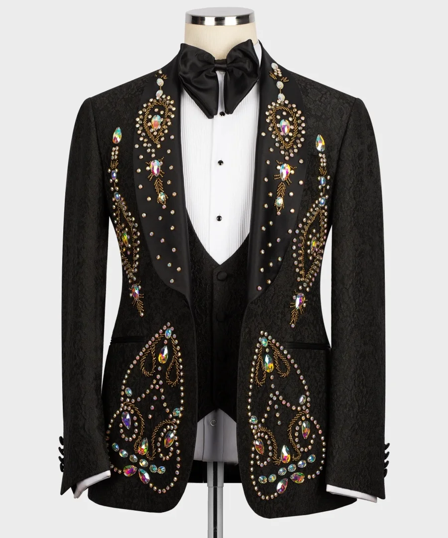 Luxury jacquard Crystal Lapel Black Wedding Groom Tuxedo 3pcs Blazer Vest Pants Formal Party Customized Men's Suits Set
Luxury jacquard Crystal Lapel Black Wedding Groom Tuxedo 3pcs Blazer Vest Pants Formal Party Customized Men's Suits Set