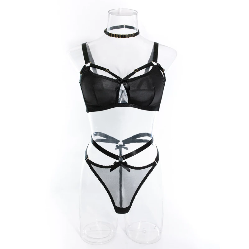 Bikini lingerie thong set with neck scarf, bow, hollow design, no underwire
Bikini lingerie thong set with neck scarf, bow, hollow design, no underwire