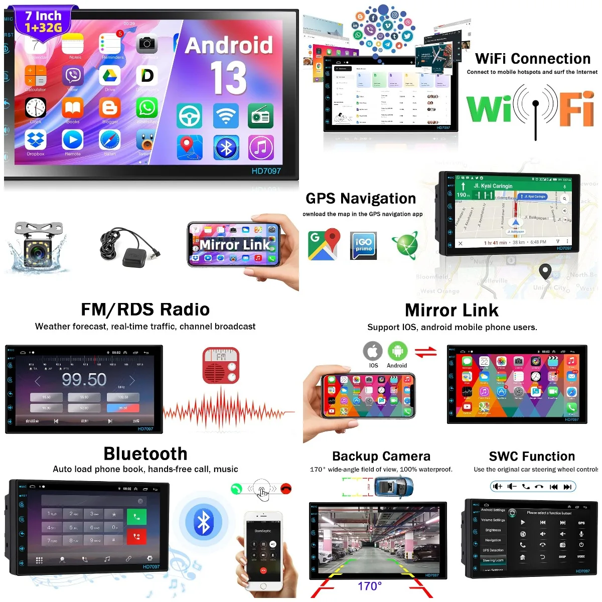 Double Din Android Car Stereo 7' Touch Screen with Bluetooth, GPS, WiFi, MirrorLink, FM/RDS, Aux, Backup Camera
Double Din Android Car Stereo 7' Touch Screen with Bluetooth, GPS, WiFi, MirrorLink, FM/RDS, Aux, Backup Camera