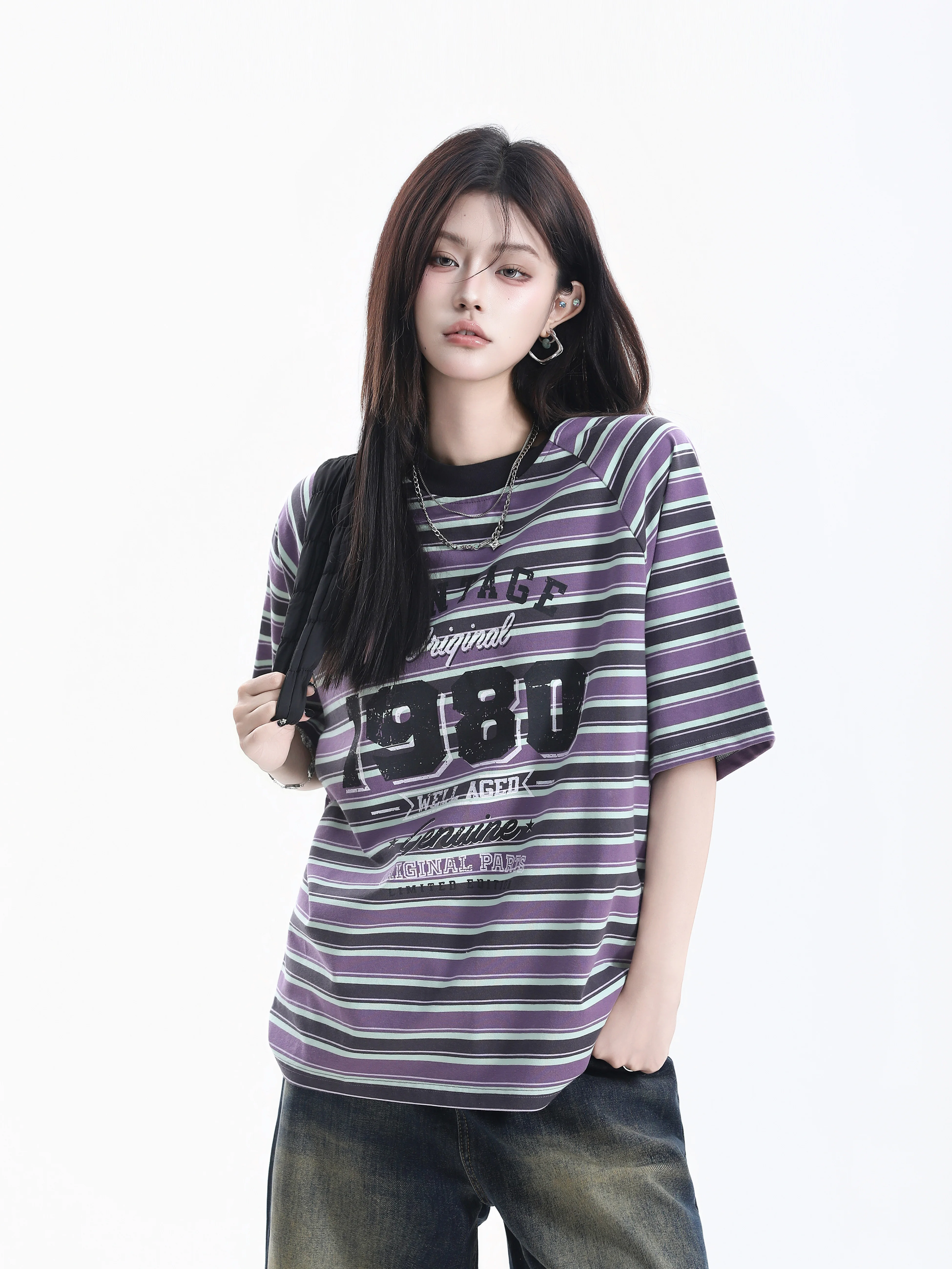 Loose Casual Stripe American Style T-Shirt Women's Short Sleeve Vintage Retro Couple's Small Ball Cotton round Neck Top
Loose Casual Stripe American Style T-Shirt Women's Short Sleeve Vintage Retro Couple's Small Ball Cotton round Neck Top