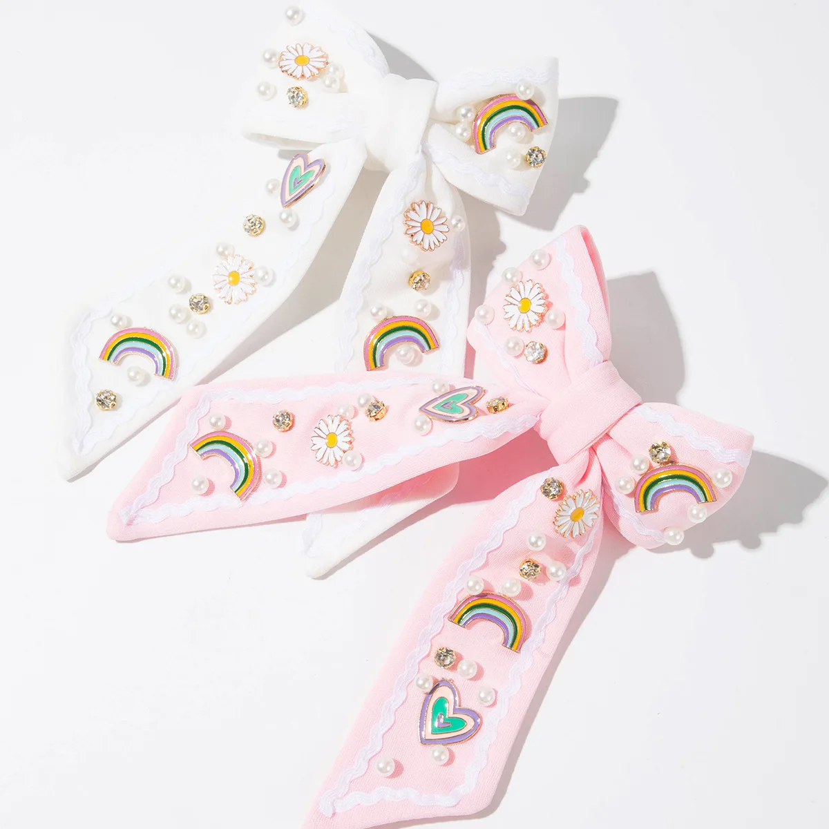 Vibrant Rainbow Patterns Bowknot With Wave Lace Trim Heart Shape Pearl Accents Sweet Hair Decorations For Cheerful Outfits
Vibrant Rainbow Patterns Bowknot With Wave Lace Trim Heart Shape Pearl Accents Sweet Hair Decorations For Cheerful Outfits