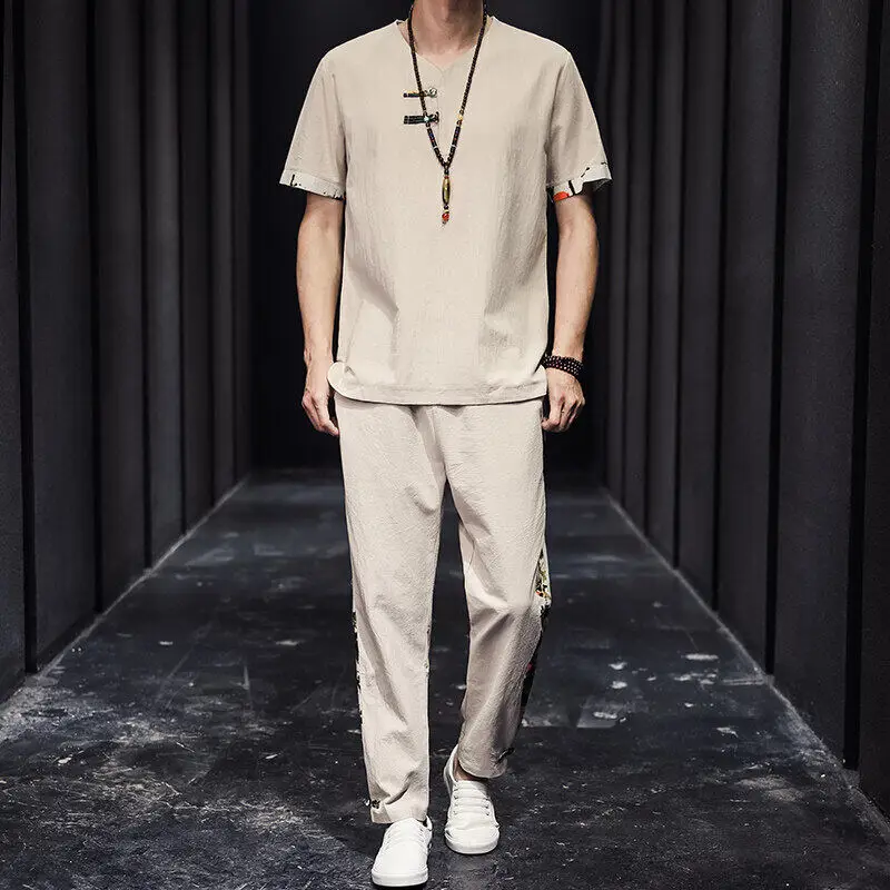 Summer Men's Cotton Linen Short Sleeve T-Shirt 2-Piece Set Casual Sports Suit V-Neck White Color Chinese Style
Summer Men's Cotton Linen Short Sleeve T-Shirt 2-Piece Set Casual Sports Suit V-Neck White Color Chinese Style