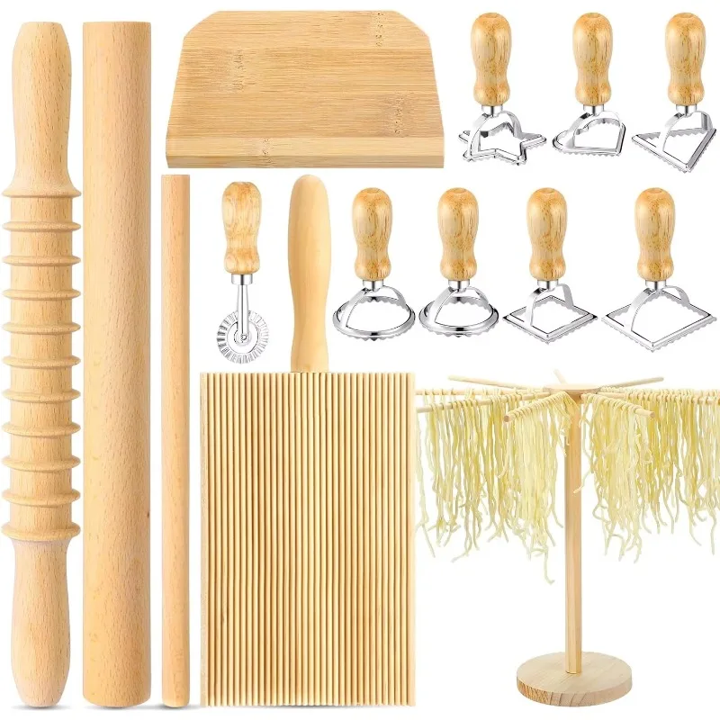 Pasta making tool set includes wooden pasta cutter, dough scraper, pasta drying rack
Pasta making tool set includes wooden pasta cutter, dough scraper, pasta drying rack