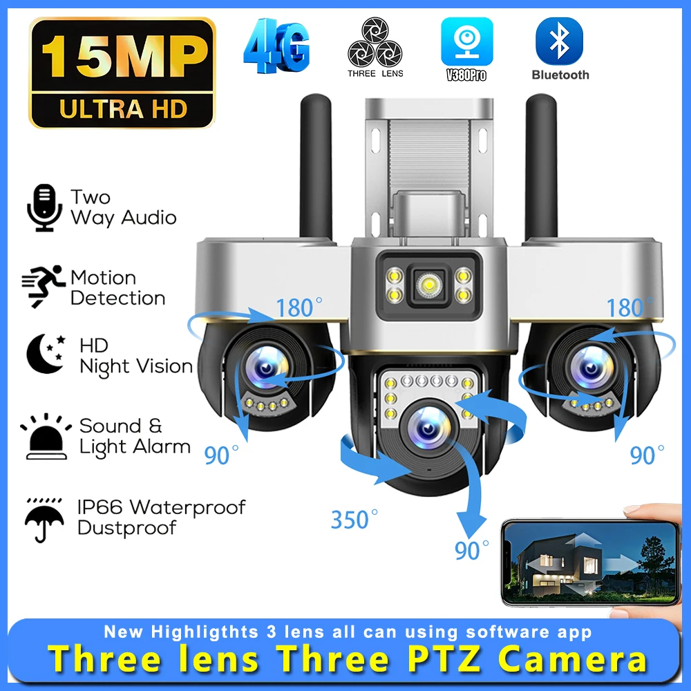15MP 6K 4G IP Camera Outdoor Triple Lens Triple PTZ 2-Way Audio Security Night Vision Waterproof CCTV 4G Network Camera V380 Pro
15MP 6K 4G IP Camera Outdoor Triple Lens Triple PTZ 2-Way Audio Security Night Vision Waterproof CCTV 4G Network Camera V380 Pro