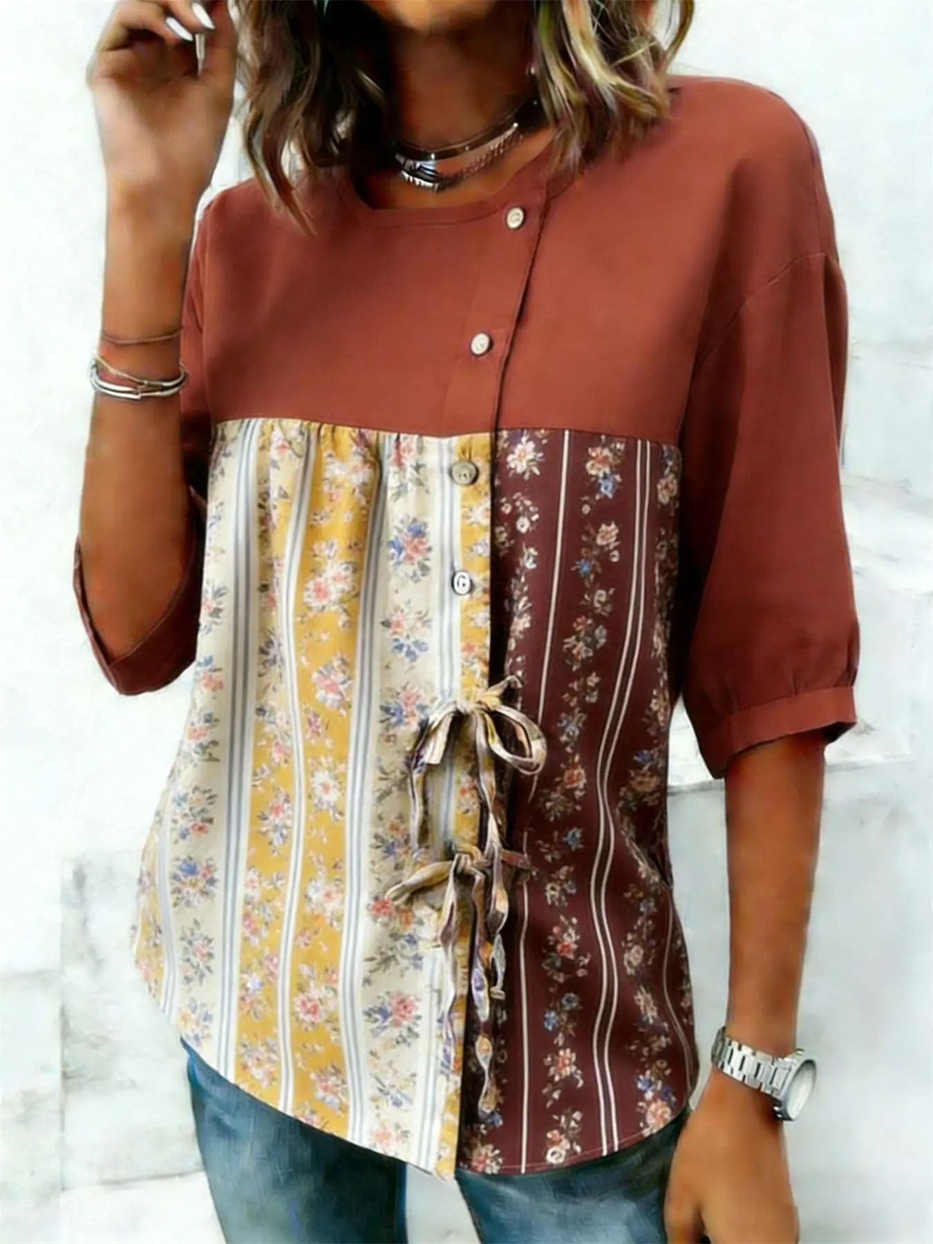 Women's Color Block Floral & Stripe Print Drawstring Button Up Blouse, Casual Round Neck Tops for Summer Daily Vacation Wear
Women's Color Block Floral & Stripe Print Drawstring Button Up Blouse, Casual Round Neck Tops for Summer Daily Vacation Wear