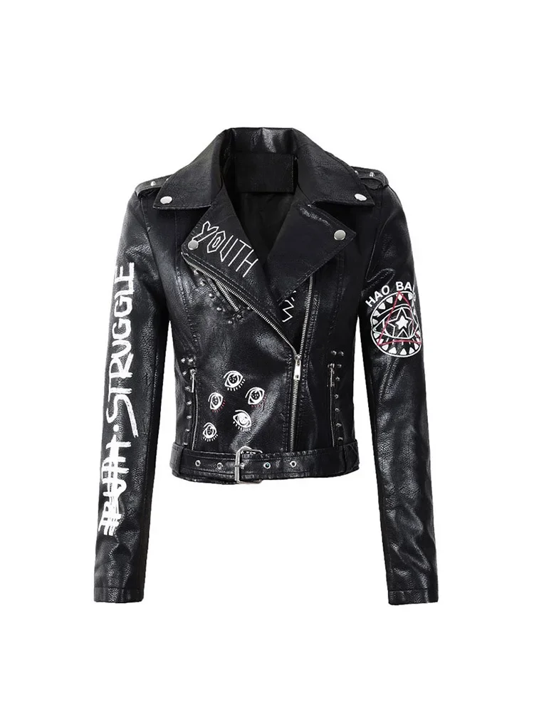 Women Vintage Graffiti Print Slim Pu Faux Leather Jacket Streetwear Female Moto Biker Zipper Belt Short Coat Outwear 2025
Women Vintage Graffiti Print Slim Pu Faux Leather Jacket Streetwear Female Moto Biker Zipper Belt Short Coat Outwear 2025