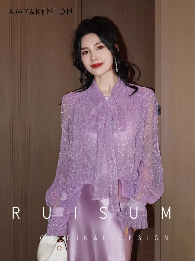 French Temperament Purple Shiny Chiffon Shirt Loose Celebrity Bow Lace-up High End Horn Sleeve Thin Shirt Women Fashion Camisas
French Temperament Purple Shiny Chiffon Shirt Loose Celebrity Bow Lace-up High End Horn Sleeve Thin Shirt Women Fashion Camisas