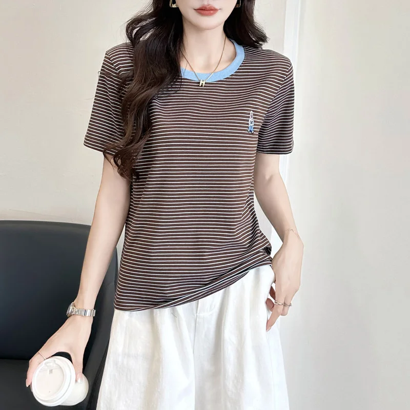 New Women Summer Striped T-shirt Fashion Contrast Color O-Neck Short Sleeve Loose T-shirt Simplicity Casual Daily T-shirt
New Women Summer Striped T-shirt Fashion Contrast Color O-Neck Short Sleeve Loose T-shirt Simplicity Casual Daily T-shirt