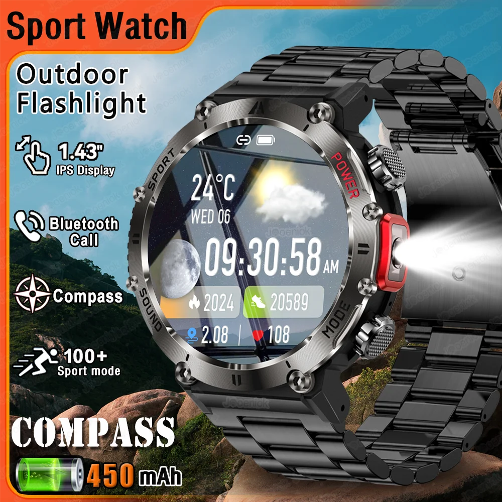 Multi Sport Smart Watch Men Outdoor Compass LED Flashlight 450mAh Large Battery 1.45" HD Display Heart Rate BT Call Smartwatch
Multi Sport Smart Watch Men Outdoor Compass LED Flashlight 450mAh Large Battery 1.45" HD Display Heart Rate BT Call Smartwatch