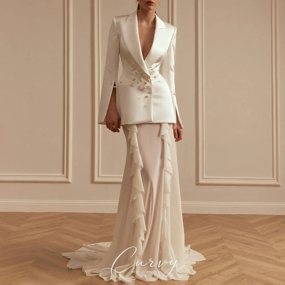 Curvy Chic Minimal Two Piece Wedding Dress Deep V-Neck Pearl Bead Split Cuff Sleeve Side Ruffle Chiffon Customized for Women
Curvy Chic Minimal Two Piece Wedding Dress Deep V-Neck Pearl Bead Split Cuff Sleeve Side Ruffle Chiffon Customized for Women