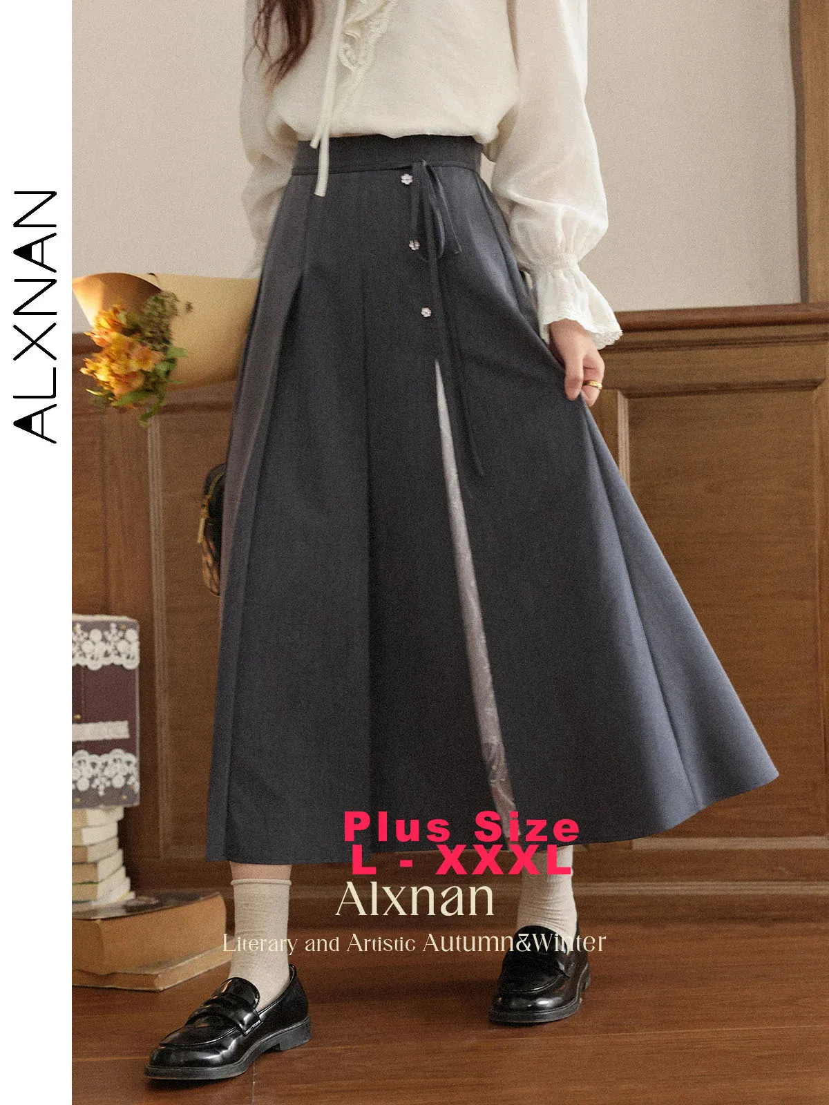 ALXNAN Plus Size Grey Skirt Women Long Lace Stitching Flower Button Design Pleated Skirts Elegant Long A-line Clothing D12313
ALXNAN Plus Size Grey Skirt Women Long Lace Stitching Flower Button Design Pleated Skirts Elegant Long A-line Clothing D12313