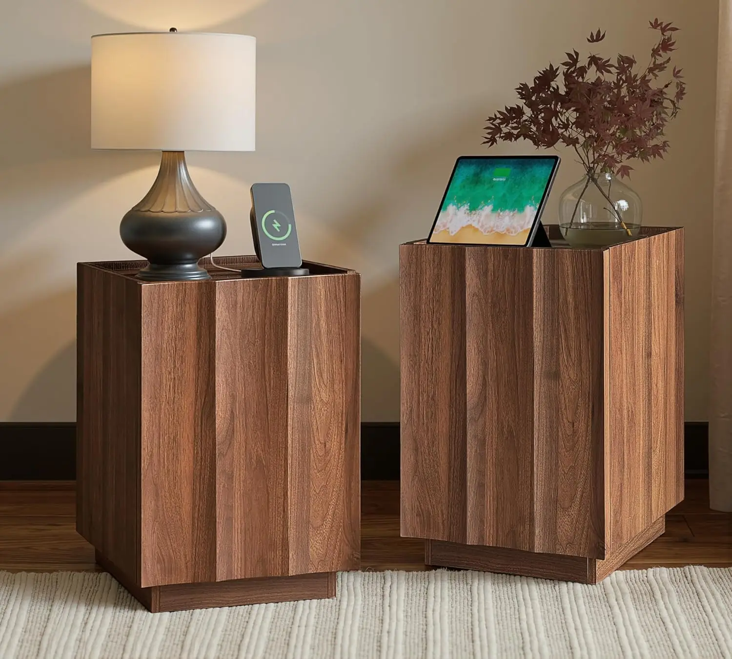 Set of 2 Mid Century Modern Nightstands with Wave Design and Charging Station, Walnut Finish, Storage
Set of 2 Mid Century Modern Nightstands with Wave Design and Charging Station, Walnut Finish, Storage