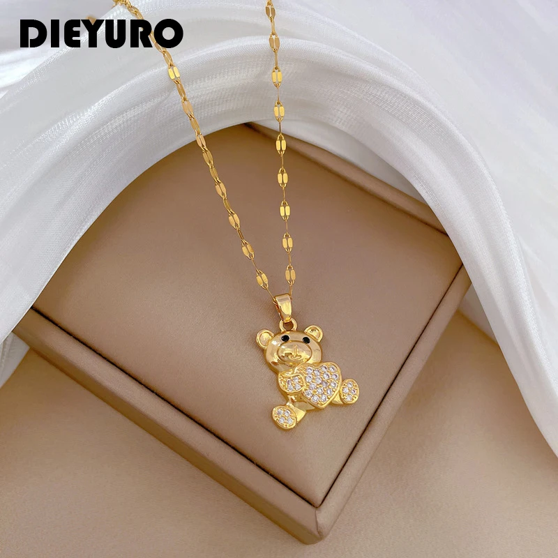 DIEYURO 316L Stainless Steel Cute Bear Heart Pendant Necklace For Women Girl Fashion Clavicle Chain Gold Color Jewelry Gift
DIEYURO 316L Stainless Steel Cute Bear Heart Pendant Necklace For Women Girl Fashion Clavicle Chain Gold Color Jewelry Gift