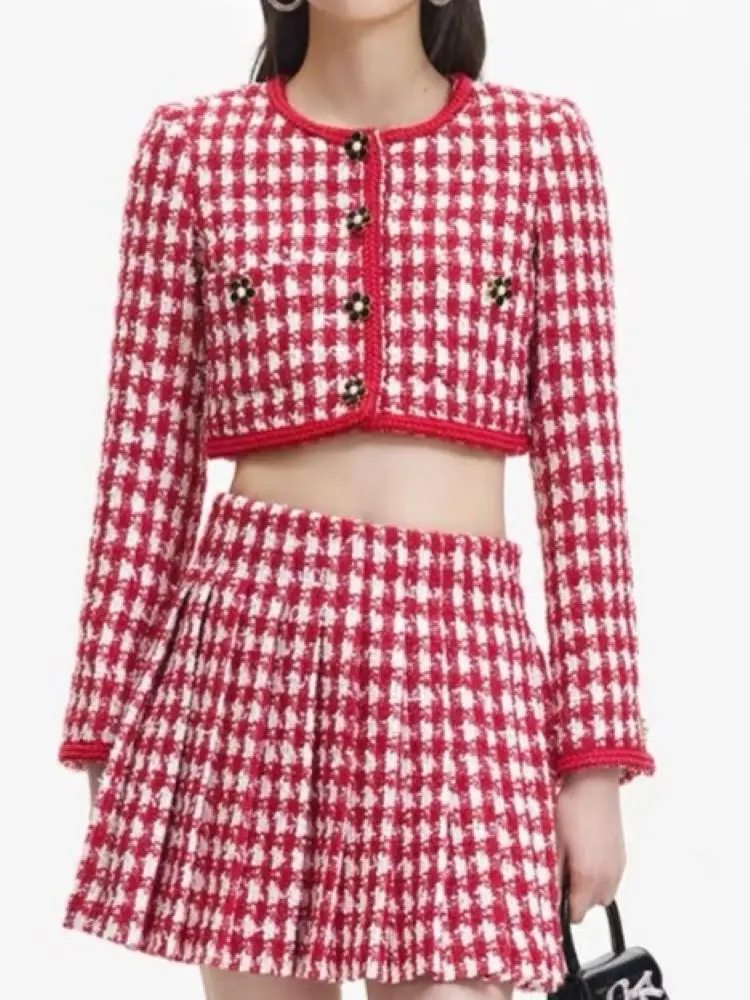 Women Plaid Tweed Set Single Breasted O-Neck Long Sleeve Jacket or Pleated High Waist A-Line Mini Skirt
Women Plaid Tweed Set Single Breasted O-Neck Long Sleeve Jacket or Pleated High Waist A-Line Mini Skirt