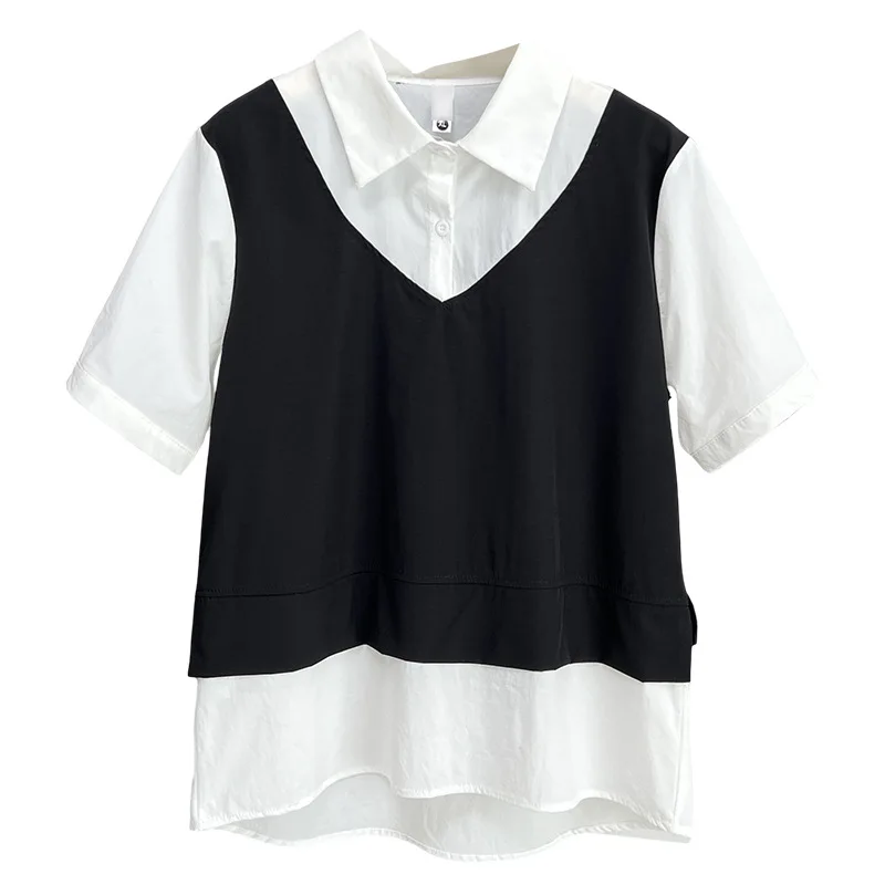 100 кг, новые летние стильные повседневные блузки, искусственная рубашка из двух частей с короткими рукавами блочного цвета для женщин больших размеров 2512 
100 кг, новые летние стильные повседневные блузки, искусственная рубашка из двух частей с короткими рукавами блочного цвета для женщин больших размеров 2512