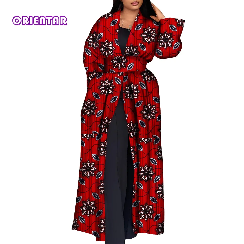 Женская длинная куртка с цветочным принтом, с длинным рукавом и поясом