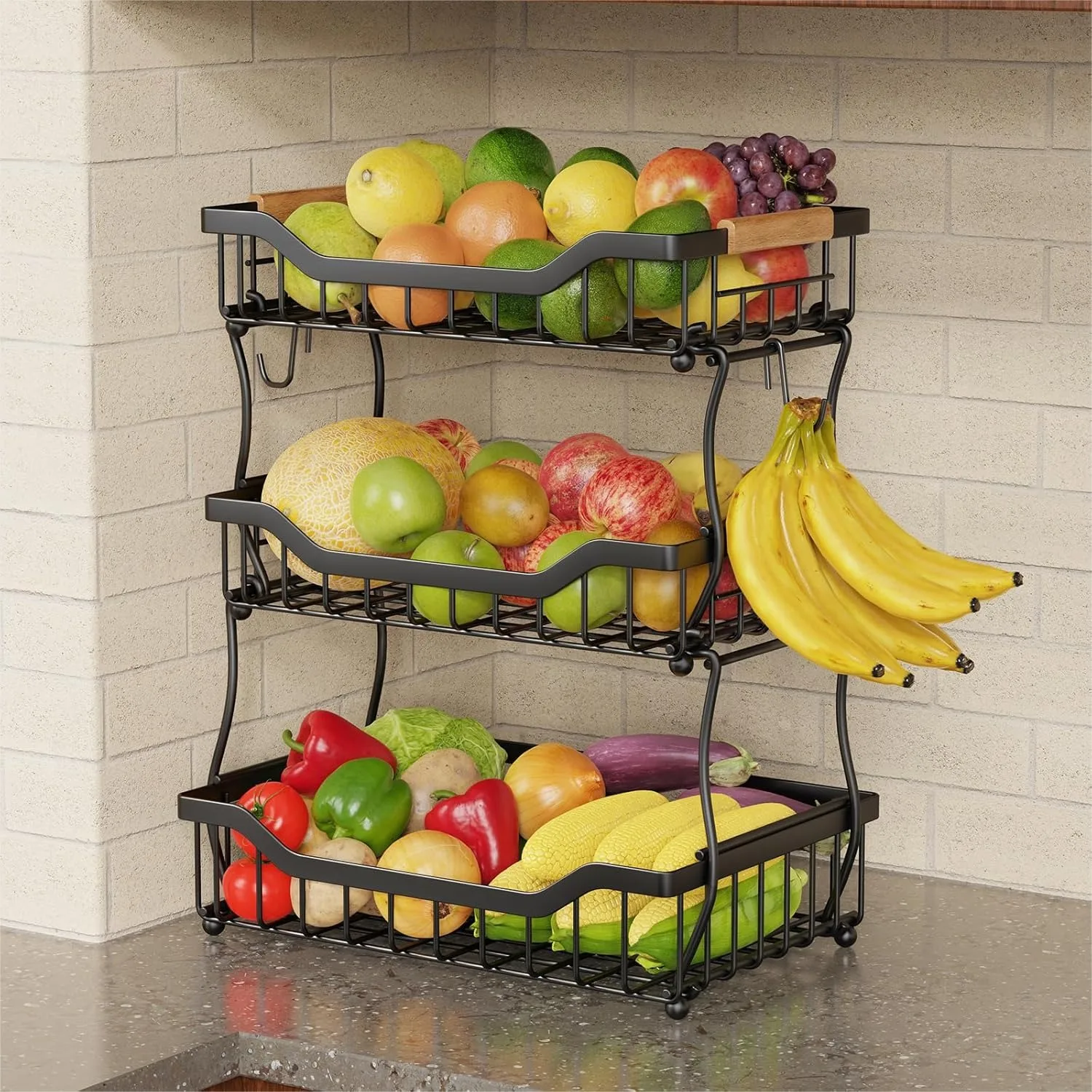 3 Tier Countertop Fruit Basket for Kitchen, Vegetable Storage with 2 Banana Hooks, Wall Mounted Metal Wire Organizer, Black
3 Tier Countertop Fruit Basket for Kitchen, Vegetable Storage with 2 Banana Hooks, Wall Mounted Metal Wire Organizer, Black