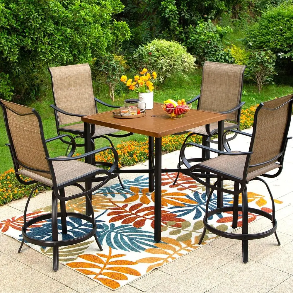 5-Piece Outdoor Bar Set with Swivel Barstools, Thick Cushions, and Durable All-Weather Square Table
5-Piece Outdoor Bar Set with Swivel Barstools, Thick Cushions, and Durable All-Weather Square Table
