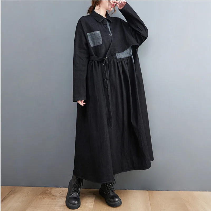 #2102 Autumn Winter Black Denim Shirt Dress Women Long Sleeve Loose Irregular A-line Jeans Dress Polo Neck Vintage Spliced Color
#2102 Autumn Winter Black Denim Shirt Dress Women Long Sleeve Loose Irregular A-line Jeans Dress Polo Neck Vintage Spliced Color