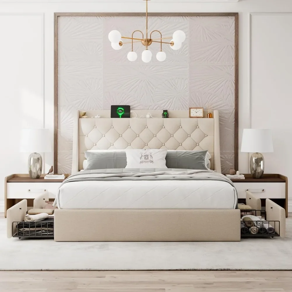 Queen Bed Frame with 4 Storage Drawers, with Wingback Headboard, Charging Station, Bed Frame
Queen Bed Frame with 4 Storage Drawers, with Wingback Headboard, Charging Station, Bed Frame